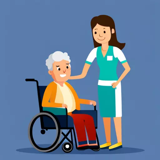 휠체어를 탄 할머니와 그 옆에 서 있는 간호사